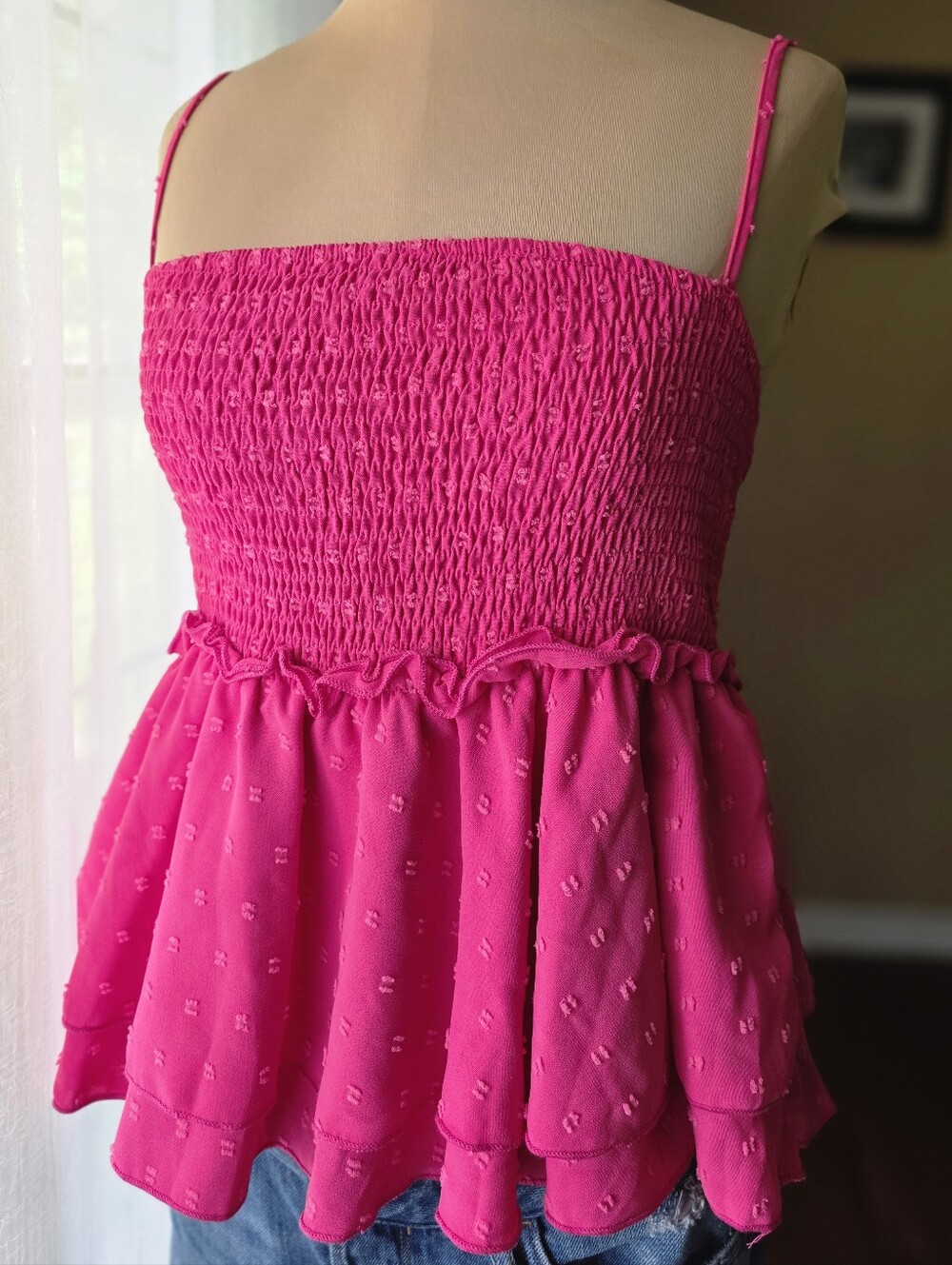 Hot Pink‎ Smocked Peplum Cami Top Swiss Dot Y2K Coquette Romantic Size Large